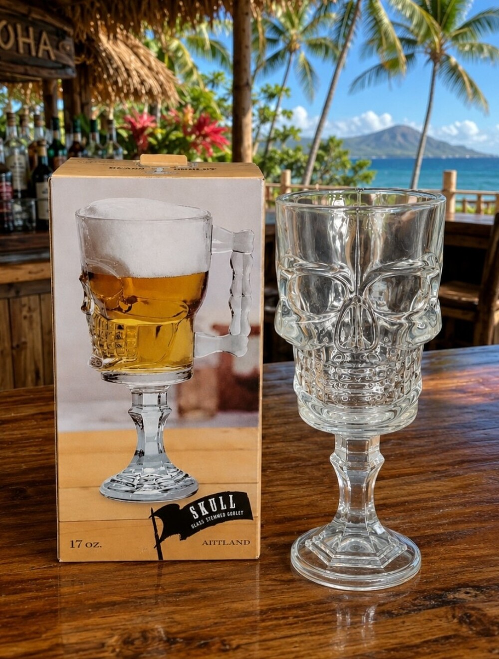 Tiki Pirate Halloween Hawaiiana Skull Skeleton Beer Mug Goblet Clear GLASS NIB